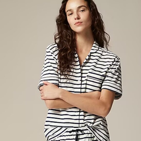 J Crew Women's Dreamy cotton-blend short-sleeve pajama top in stripe Large Ivory - Picture 1 of 5